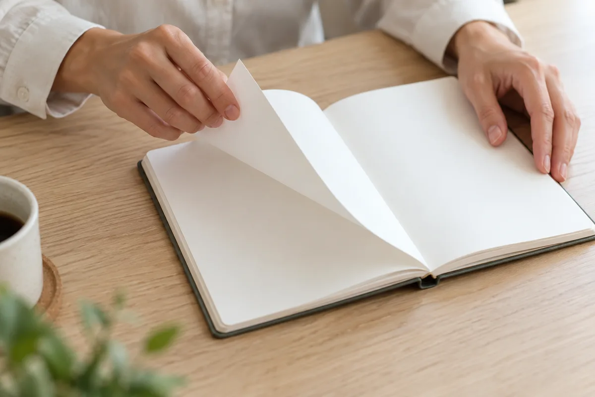Mains tournant les pages d&rsquo;un agenda papier vierge posé sur un bureau en bois