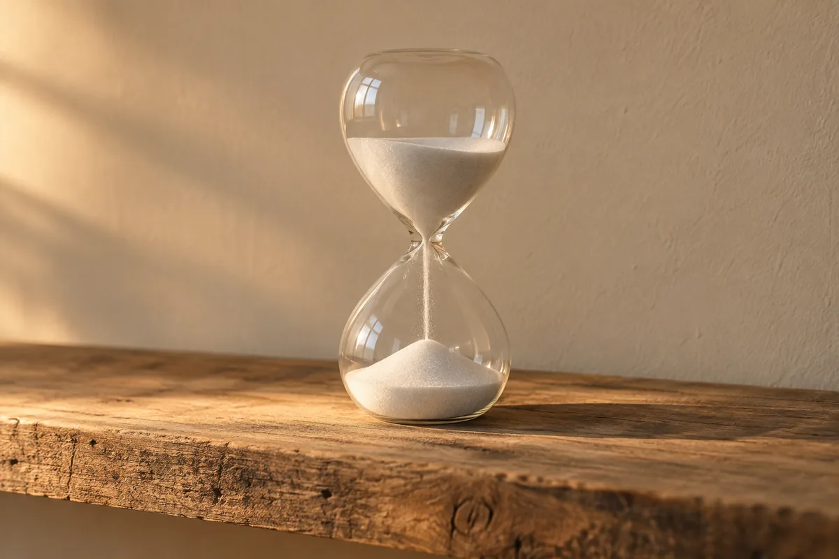 Sablier en verre à sable blanc posé sur une étagère en bois