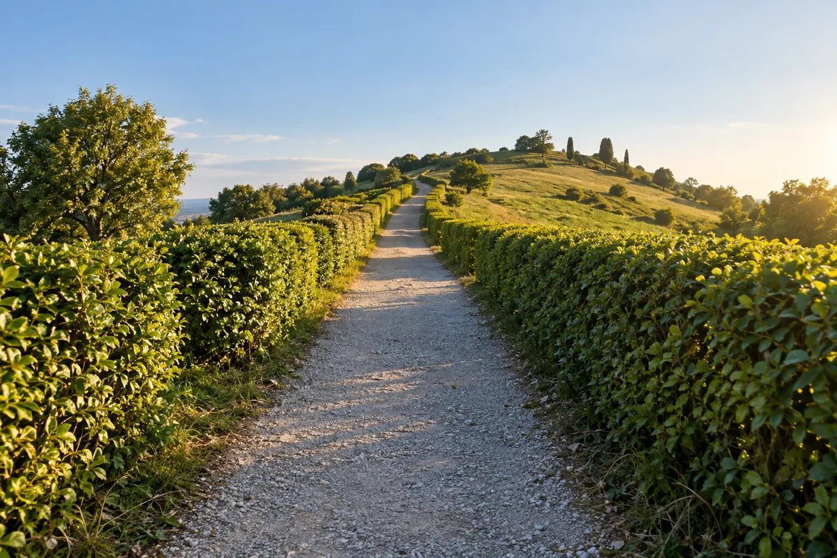 Chemin de gravier bordé de haies menant vers une colline sous un ciel dégagé