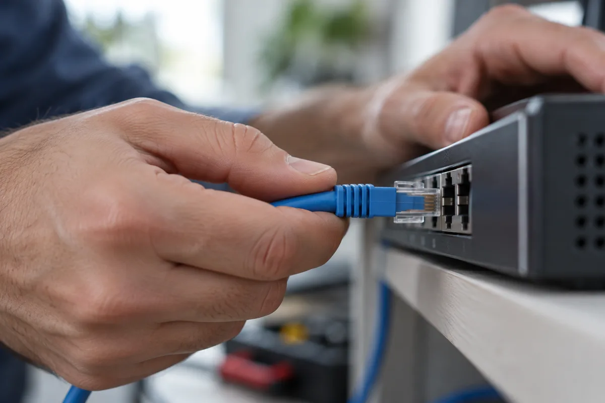 Mains d&rsquo;un technicien branchant un câble réseau bleu dans un boîtier