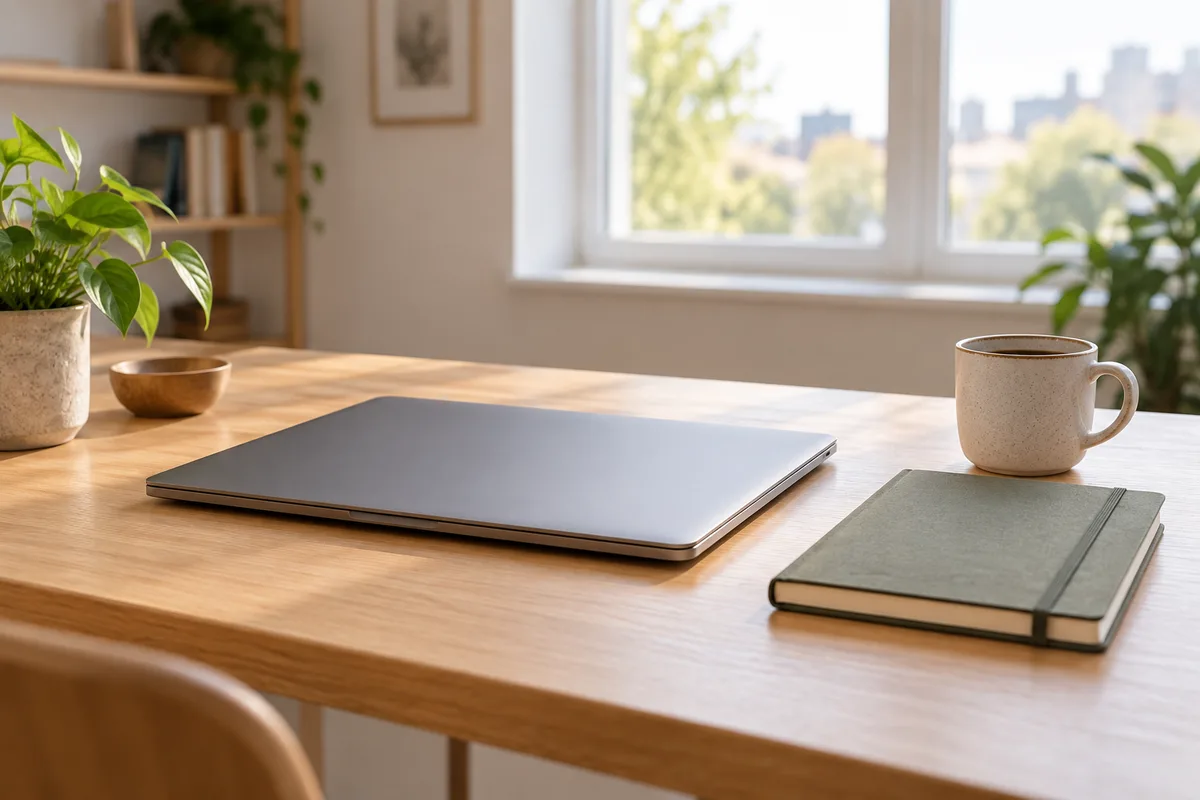 Ordinateur portable fermé posé sur un bureau avec un carnet et une tasse de café